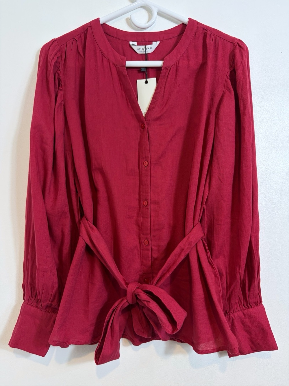 Anthropologie Sparkz Copenhagen Cherry Red Sabine Cotton Belted Blouse